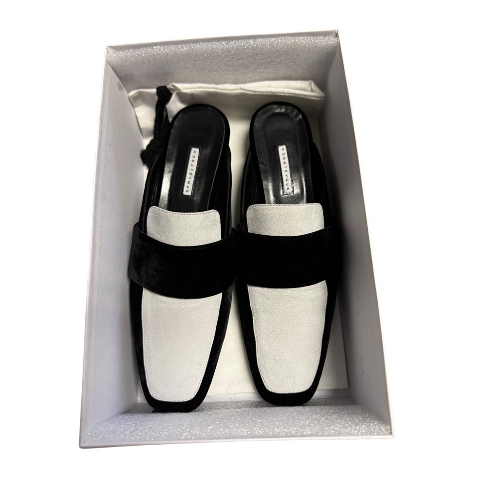 Dorateymur Filiskyie Black Velvet White Suede Mules Square Toe Shoes Size 40